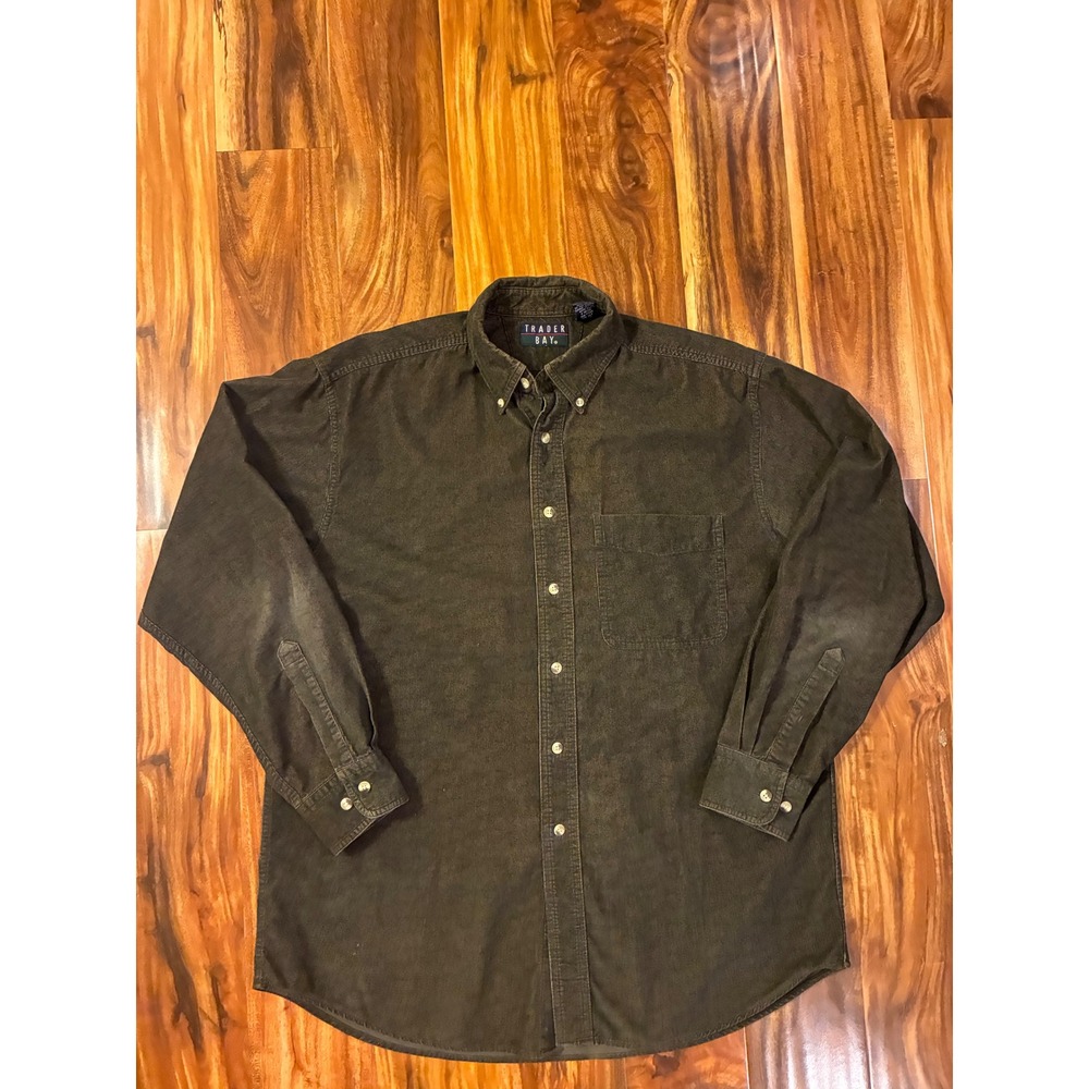 Trader Bay Mens Corduroy Button Down Shirt M Olive Green Long Sleeve Cotton 0130